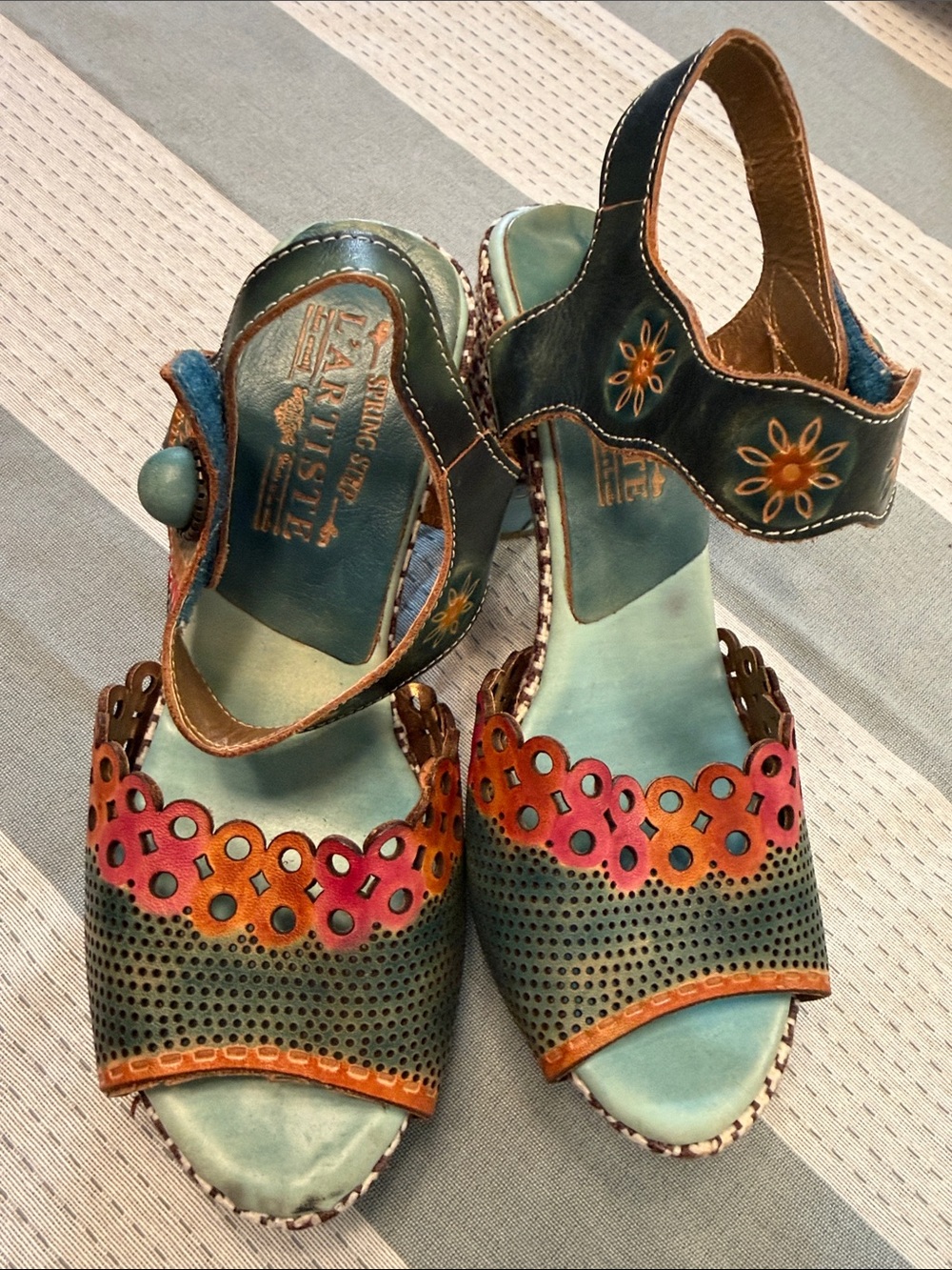L'ATISTE Teal, Coral and Orange Cutout Leather Sandals